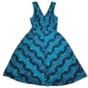 Donna Karan DKNY Floral‎ Lace Fit & Flare Cocktail Dress Black Aqua Green Size 6